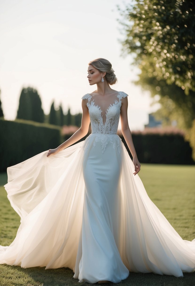 A flowing, ethereal Italian wedding gown billowing in the breeze