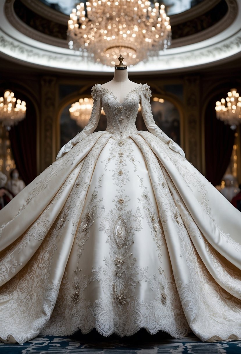 A grand, opulent wedding gown with intricate lace, flowing silk, and sparkling embellishments fit for a regal Italian princess