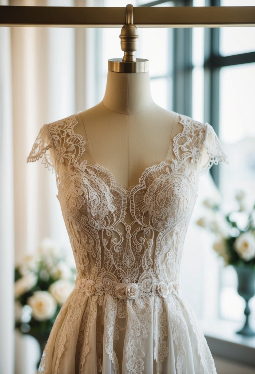 An elegant Italian lace dress hangs on a tailor's mannequin, showcasing impeccable craftsmanship and delicate details