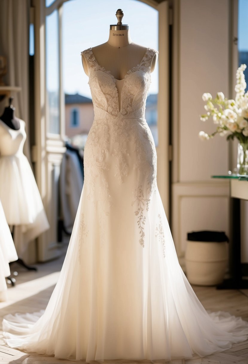 An elegant, understated Italian wedding dress on a mannequin in a sunlit atelier