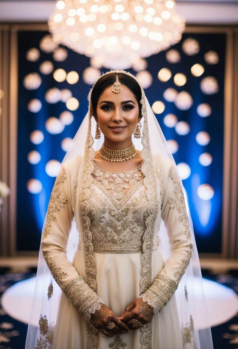 A bride wearing a traditional Muslim wedding dress, adorned with intricate embroidery and delicate lace, standing in front of a decorative backdrop