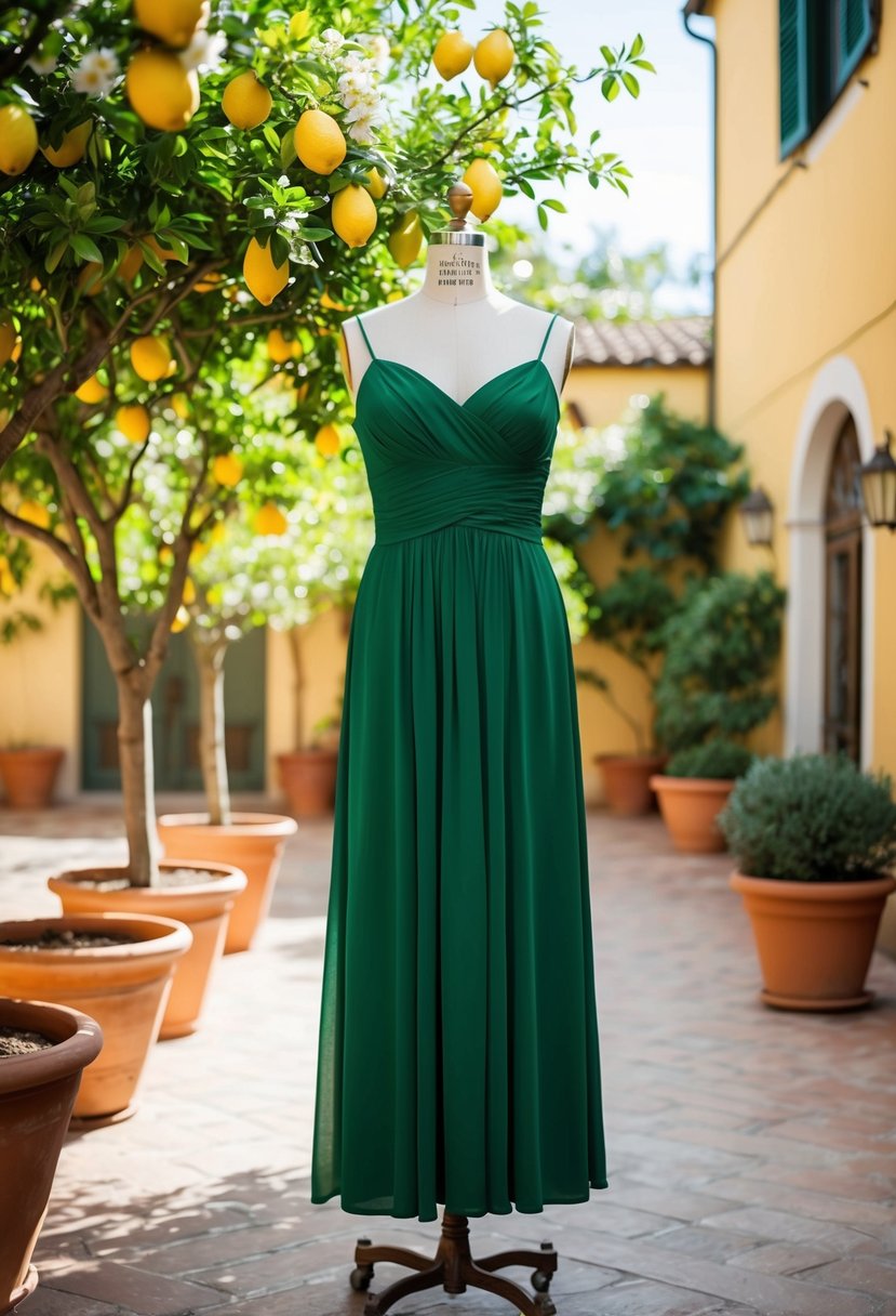 A lush green dress hangs on a vintage mannequin in a sunlit Italian courtyard, surrounded by blooming lemon trees and terracotta pots