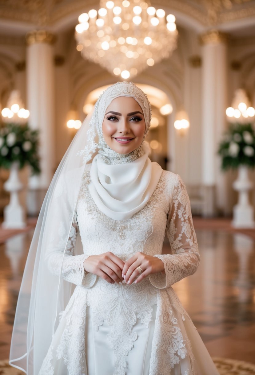 A bride in an intricate lace hijab gown, adorned with delicate details and flowing fabric, standing in a grand, opulent wedding venue