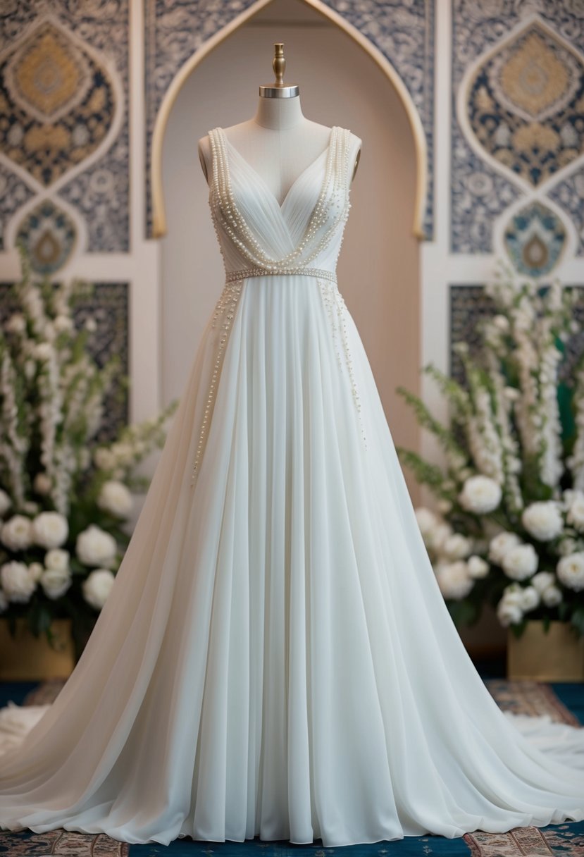 A flowing A-line wedding dress adorned with delicate pearl accents, set against a backdrop of traditional Islamic motifs and elegant floral patterns