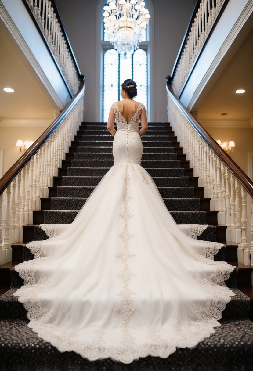 A bride's long train cascades down a grand staircase, adorned with intricate lace and delicate beading, creating a stunning and elegant wedding dress