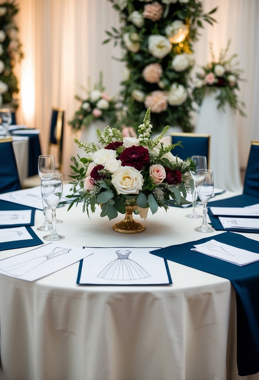 A single table adorned with elegant Italian wedding dress sketches and fabric swatches, surrounded by creative decor and floral arrangements