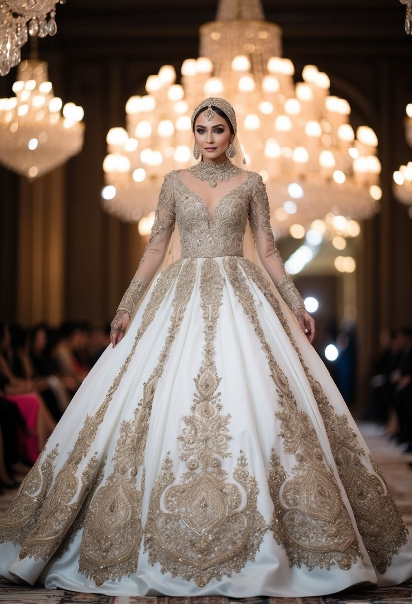 A lavish ball gown with intricate embroidery and long sleeves, designed for a Muslim wedding