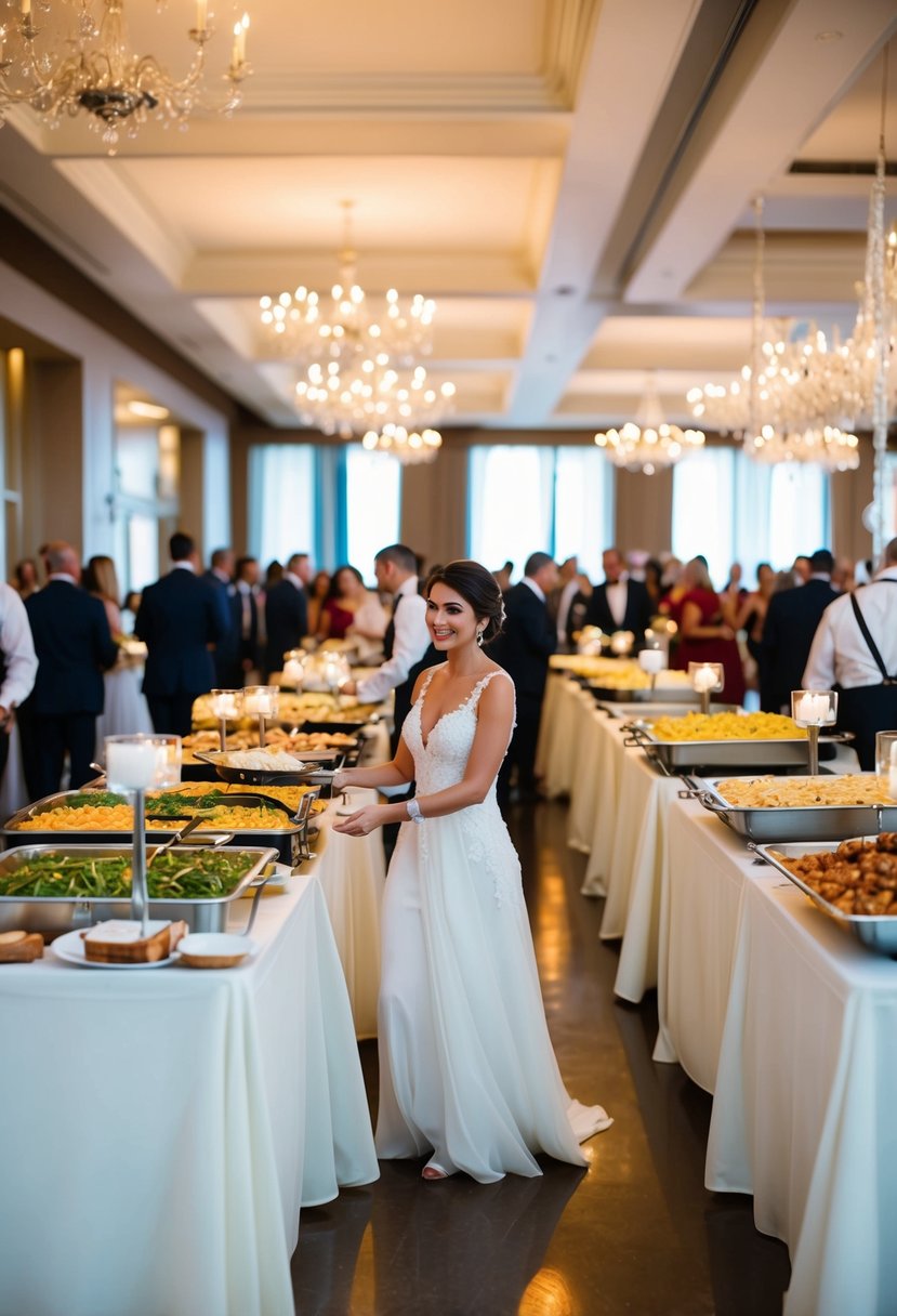 A bustling wedding reception with diverse food stations and elegant Italian dress ideas