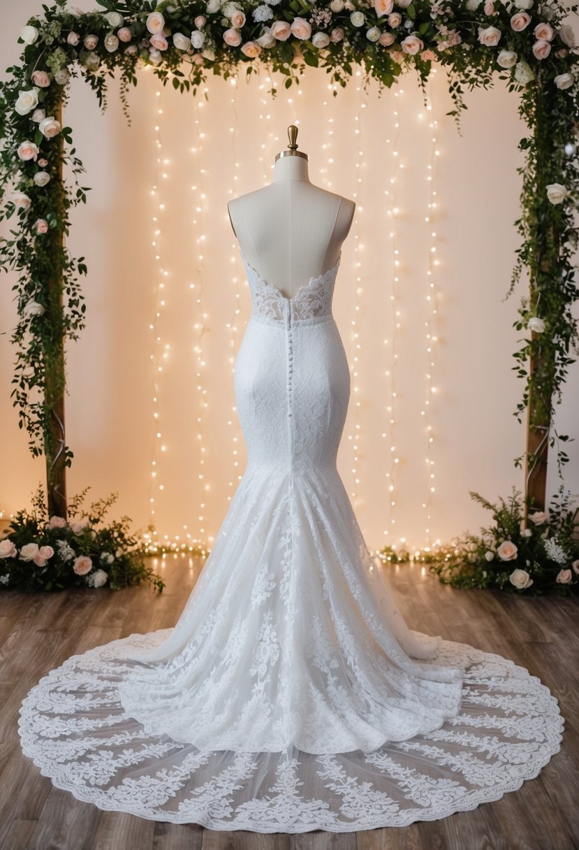 A lace mermaid gown with a cathedral train flowing elegantly behind, set against a romantic backdrop of twinkling lights and cascading flowers