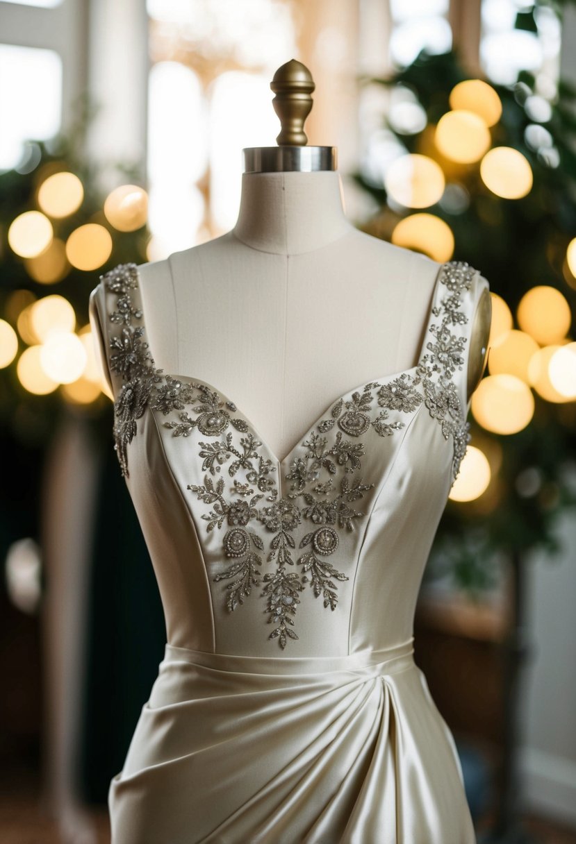 An elegant satin dress with intricately embroidered bodice, draped on a mannequin