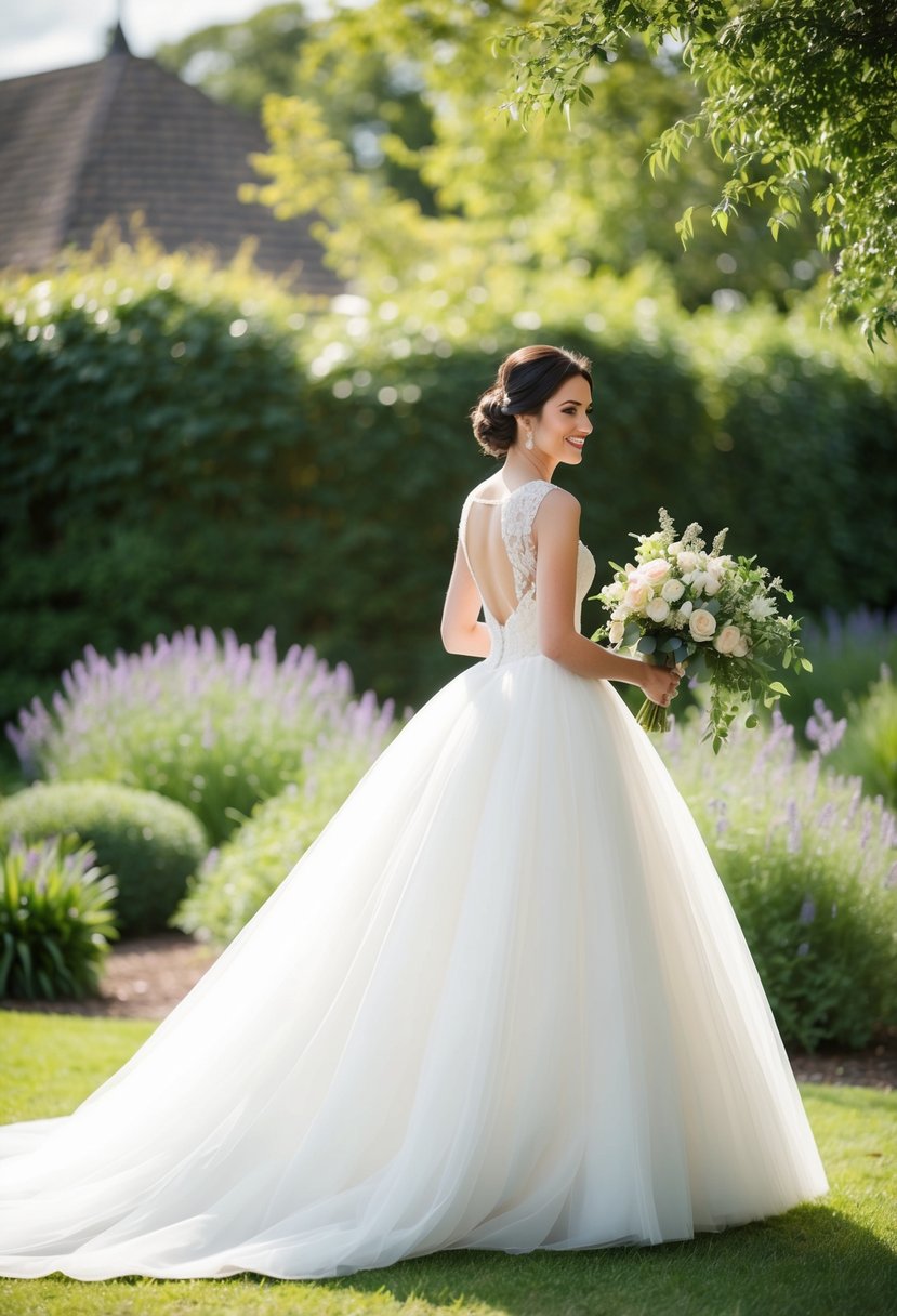 A bride in a tulle ball gown with a chapel train walks through a garden, the train trailing behind her in a graceful, flowing motion