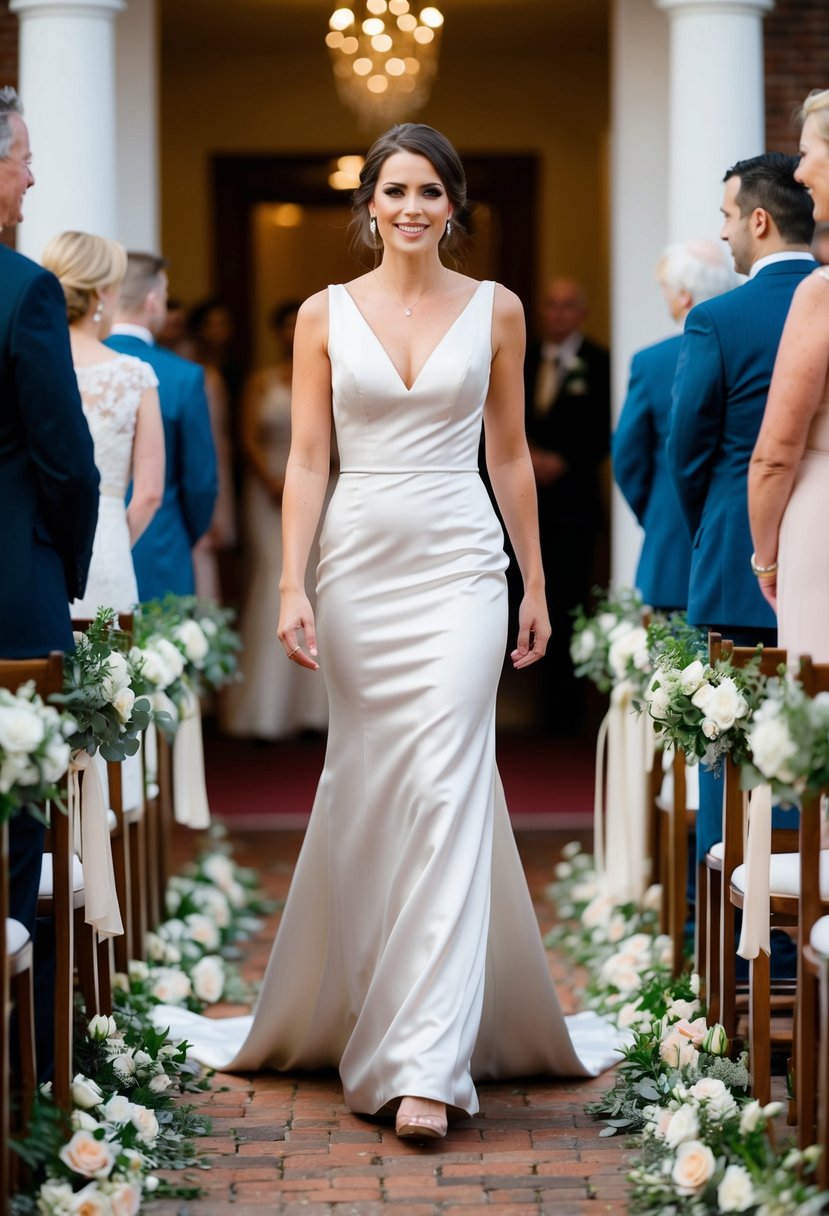 A bride in a satin sheath dress with a long train walks down a flower-lined aisle