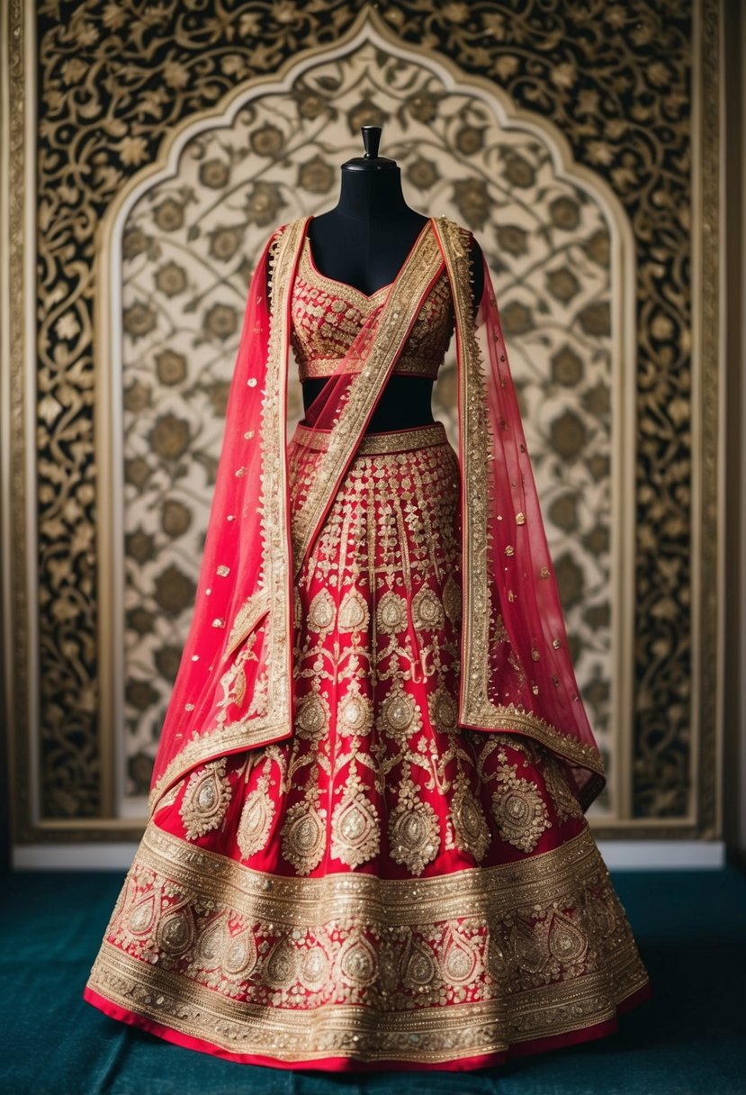 A traditional Lehenga adorned with intricate gold threadwork, set against a backdrop of ornate Islamic patterns and motifs