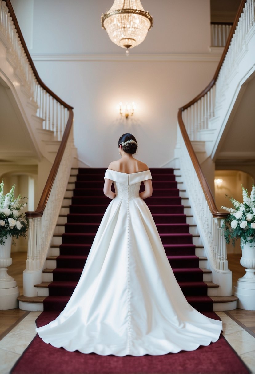 A bride in an off-the-shoulder A-line wedding dress with a royal train walking down a grand staircase