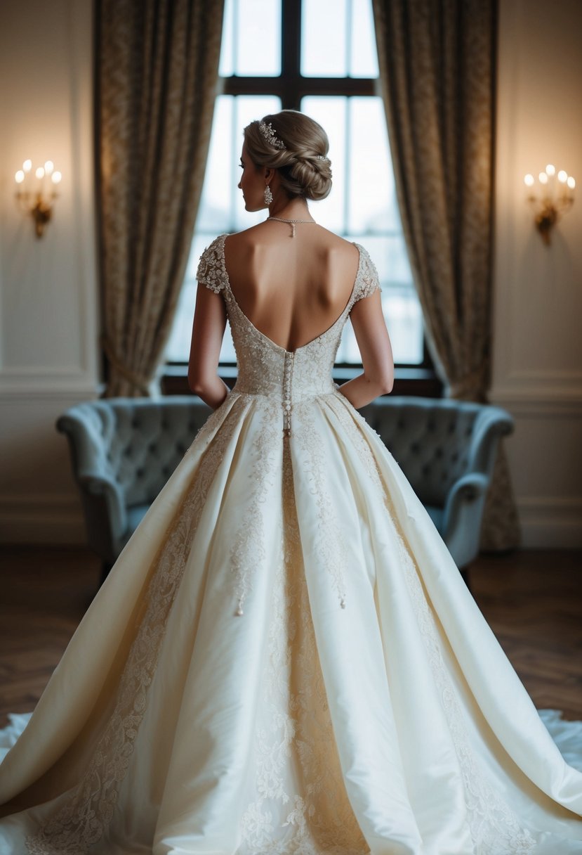 A vintage-inspired gown with a court train billows behind, adorned with intricate lace and delicate beading