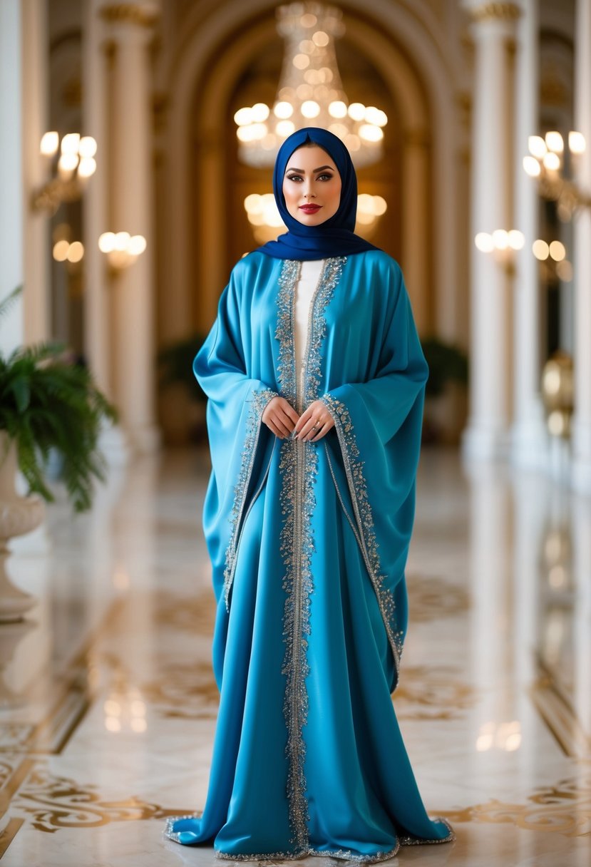 A woman in a chic silk abaya with intricate beaded details, standing in a grand and elegant setting