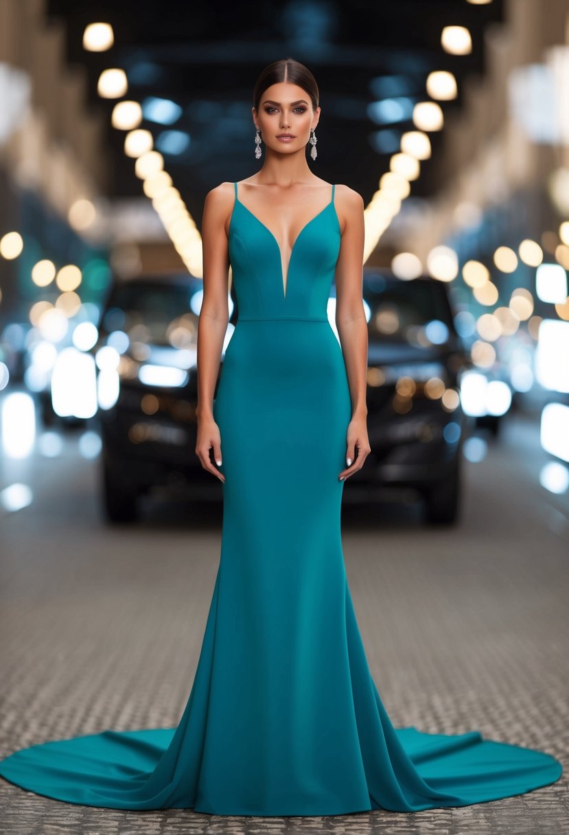 A sleek, floor-length crepe dress with a dramatic extended train flowing behind