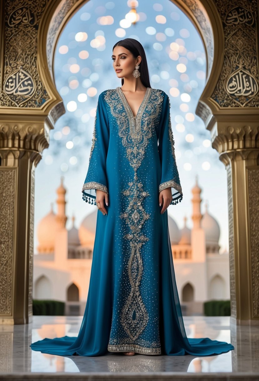 A flowing kaftan with intricate crystal embellishments, set against a backdrop of ornate Islamic architecture