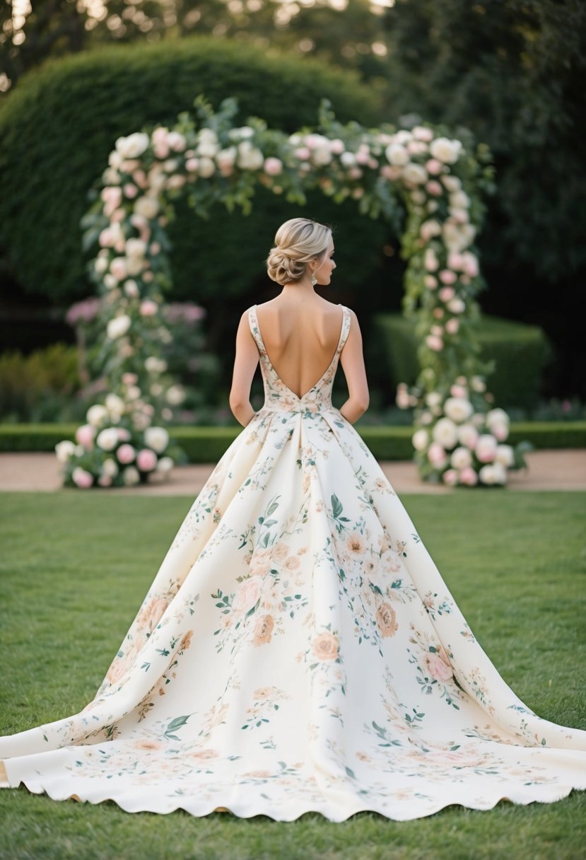 A beautiful floral gown with a grand train flowing behind, set against a romantic garden backdrop