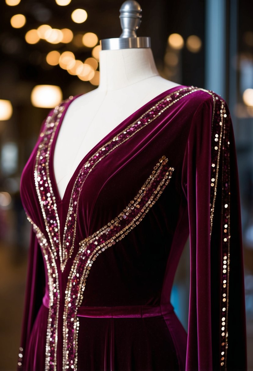 A rich velvet gown adorned with sparkling sequins, draped elegantly on a mannequin