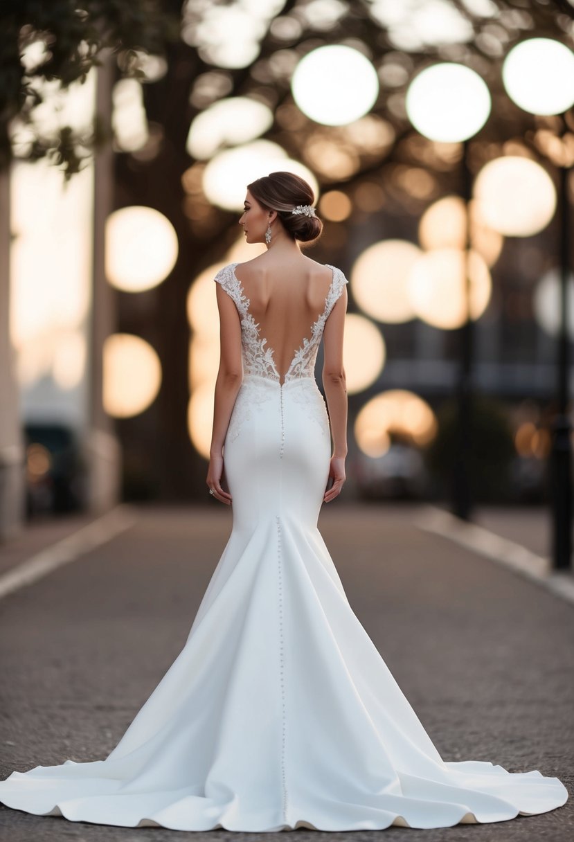 A modern fishtail wedding dress with a sweeping train flowing elegantly behind