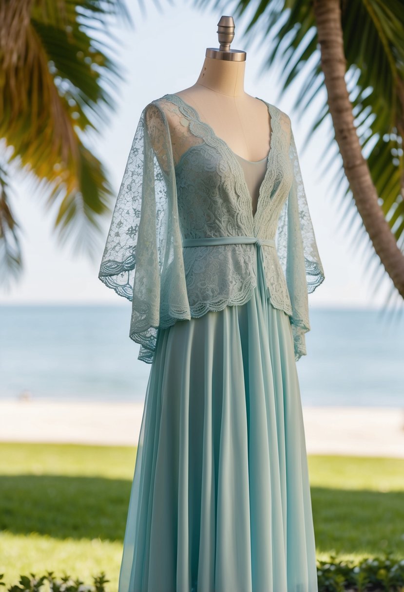 A flowy chiffon dress with lace overlay billows in the breeze, set against a backdrop of a serene garden or beach setting