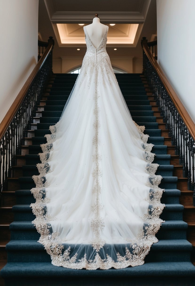 A stunning, intricately beaded wedding dress with a long train cascading down a grand staircase