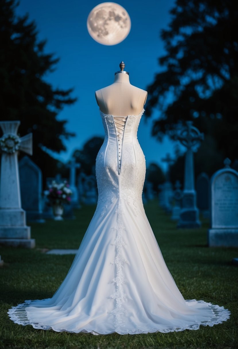 A gothic wedding dress with lace, corset bodice, and dramatic train, set against a moonlit cemetery backdrop