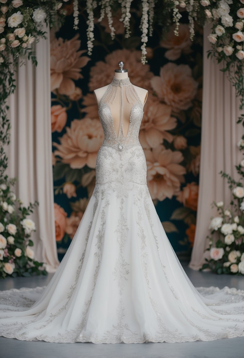 A regal high-neck gown with a flowing train, adorned with intricate lace and beadwork, set against a backdrop of ornate floral patterns and elegant drapery