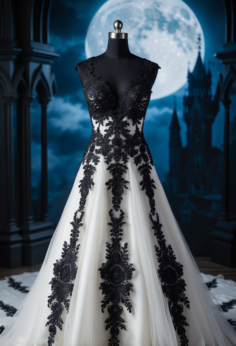 A gothic bridal gown with intricate black lace applique, set against a moonlit backdrop with looming, dark architecture