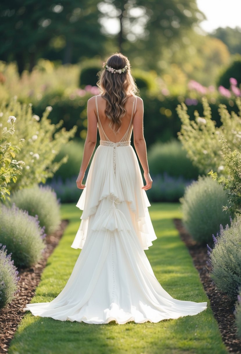 A bride in a bohemian style long train wedding dress, with layers of flowing fabric trailing behind her as she walks through a garden