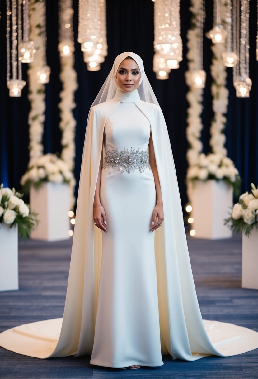 A bride stands in a contemporary cape dress with a bejeweled waist, surrounded by modern Islamic wedding decor