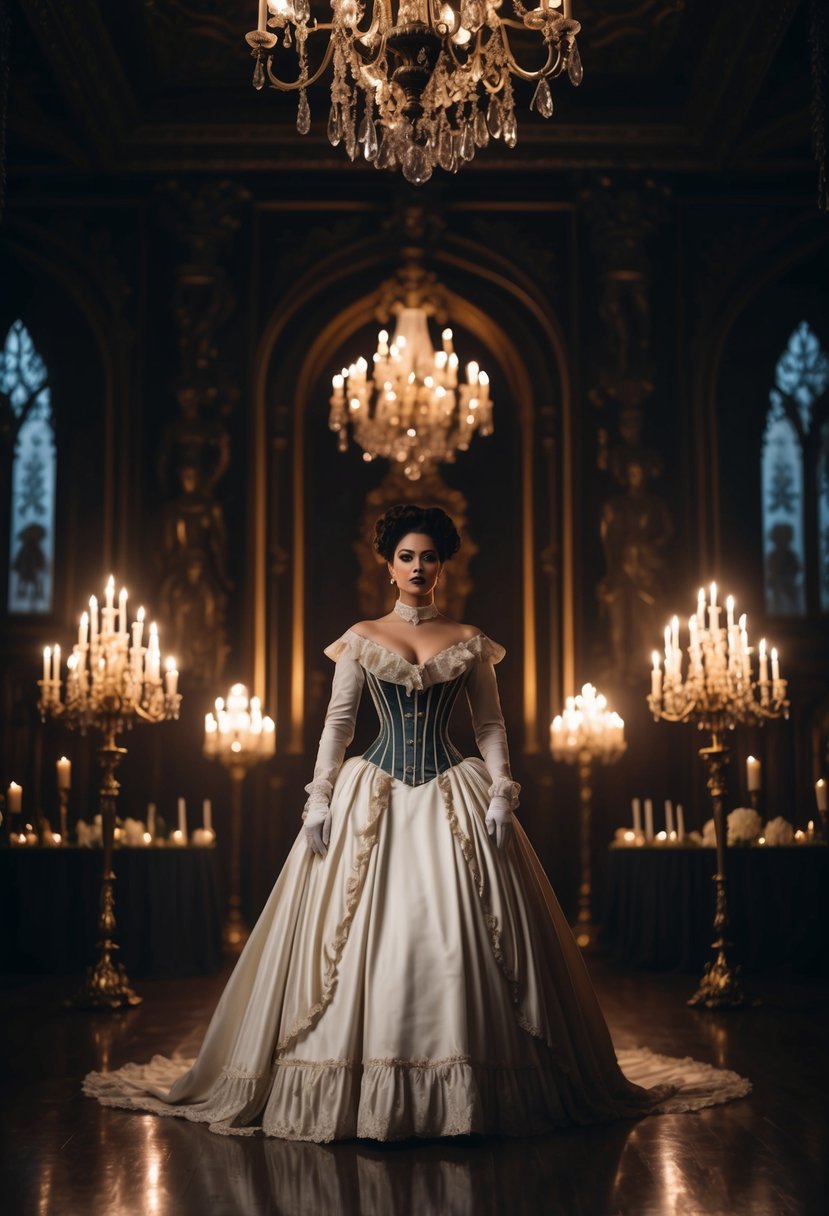 A dark, opulent ballroom with flickering candlelight. A figure in a Victorian-inspired corset dress stands in the center, surrounded by ornate, gothic decor