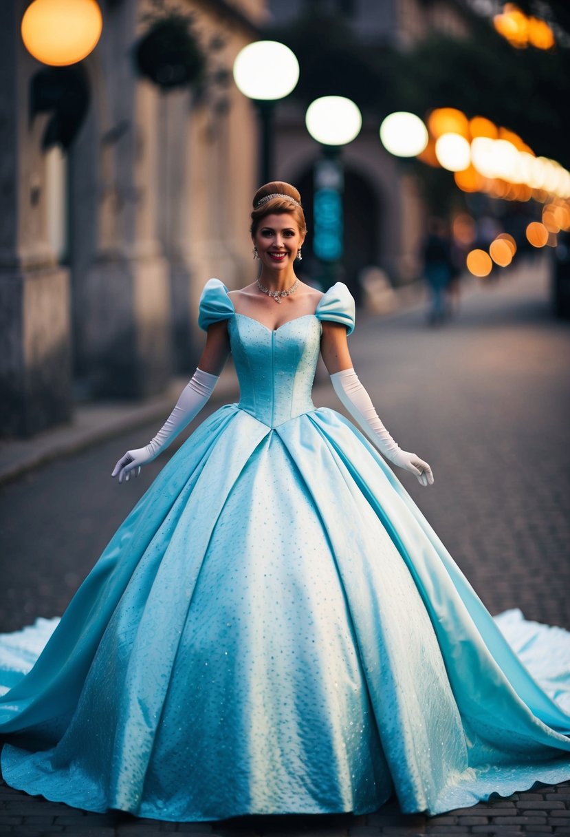 A classic Cinderella dress with a full train flowing elegantly behind