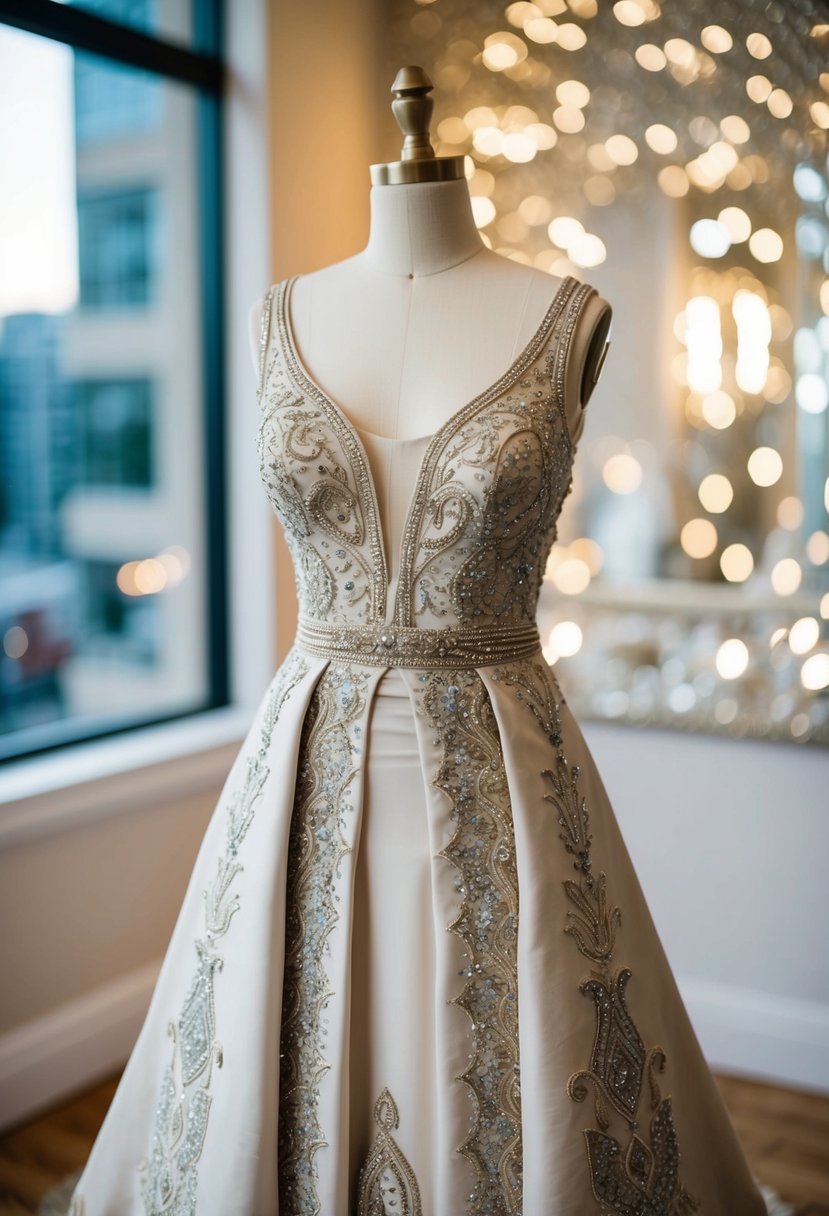 A Turkish-style gown with intricate designs, featuring ornate patterns and delicate embellishments, drapes gracefully on a mannequin, ready for a Muslim wedding