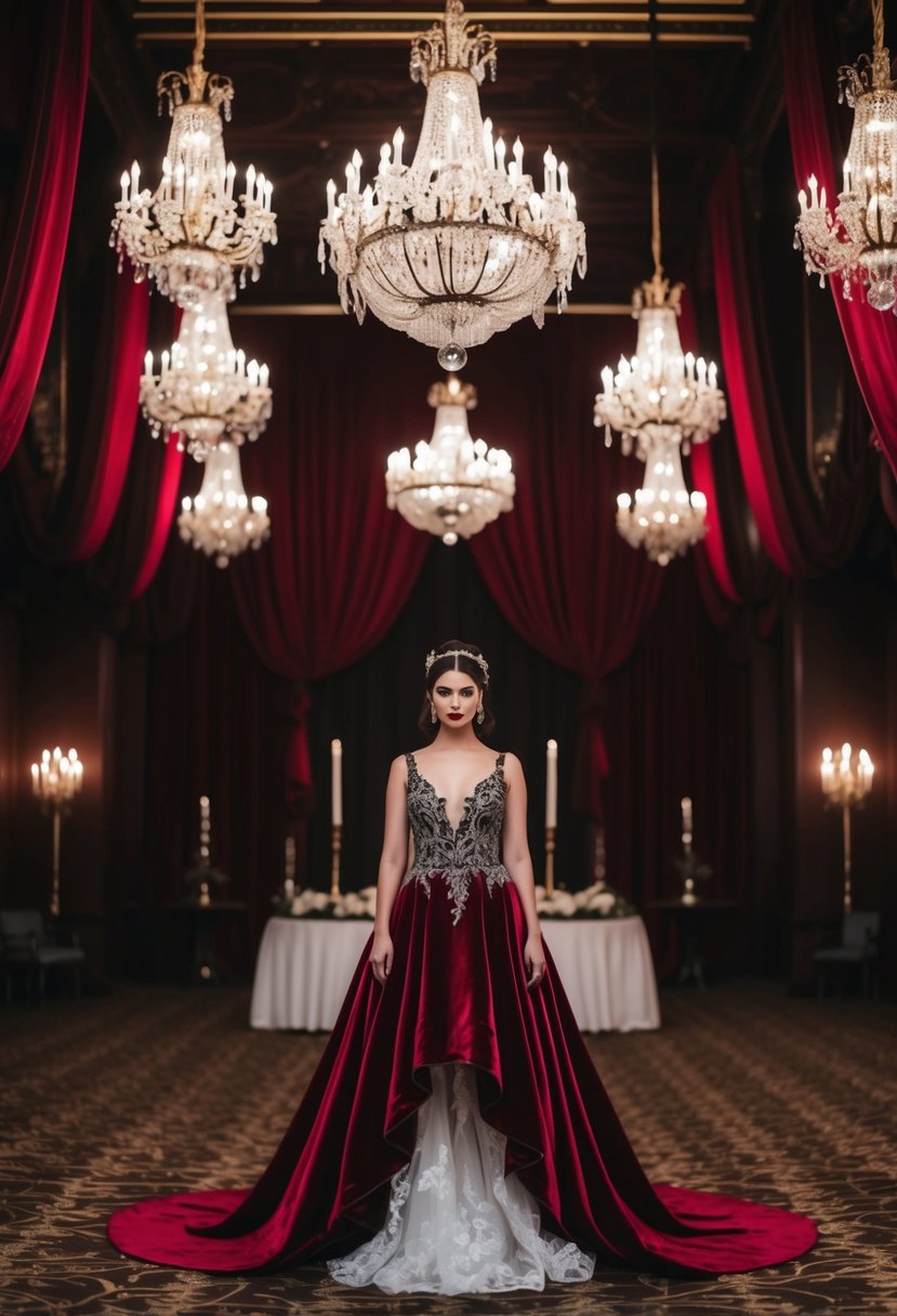 A dimly lit, grand ballroom with ornate chandeliers, draped in deep red velvet, and a high-low hem gothic wedding gown as the focal point