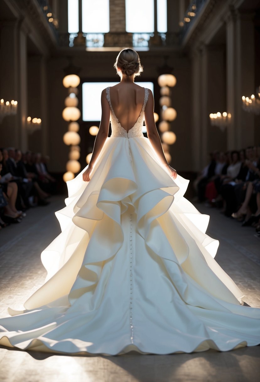 A flowing A-line wedding dress with a ruffled skirt and a dramatic, long train billowing out behind it