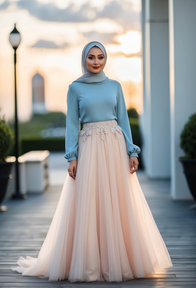 A modern tulle skirt with a hijab accent, paired with elegant accessories, creates a stylish and modest Muslim wedding dress