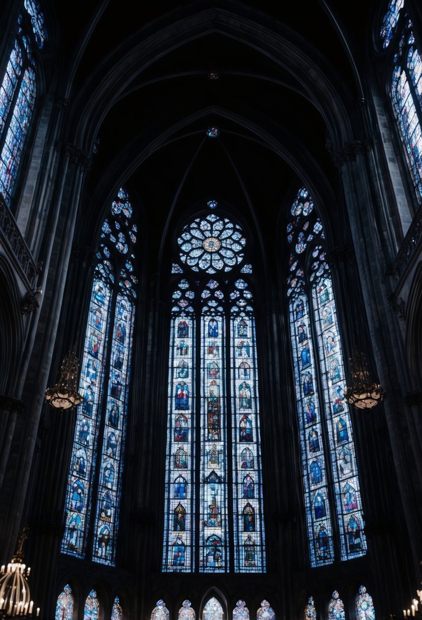 A dark, ornate cathedral with towering stained glass windows, adorned with intricate gothic architecture