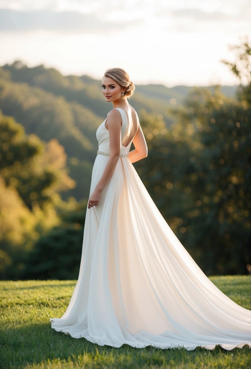 A flowing chiffon dress with a detachable train billows in the wind, set against a romantic outdoor backdrop