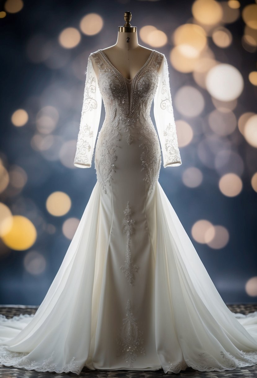 A radiant mermaid gown with long sleeves, adorned with intricate lace and beading, flowing gracefully on a mannequin