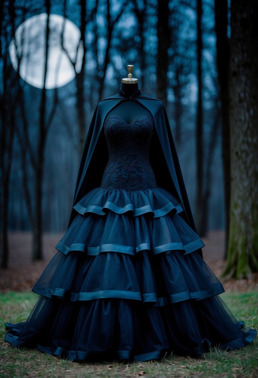 A dark, gothic wedding dress with a tiered tulle skirt and a dramatic cape flowing behind, set against a backdrop of a moonlit forest