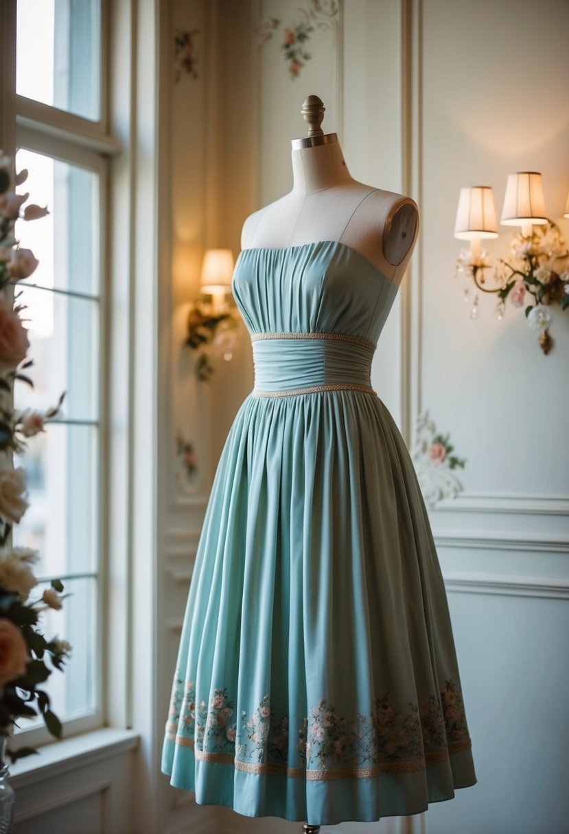 A vintage-inspired Empire Waist Dress displayed on a mannequin in a softly lit room with ornate details and floral accents