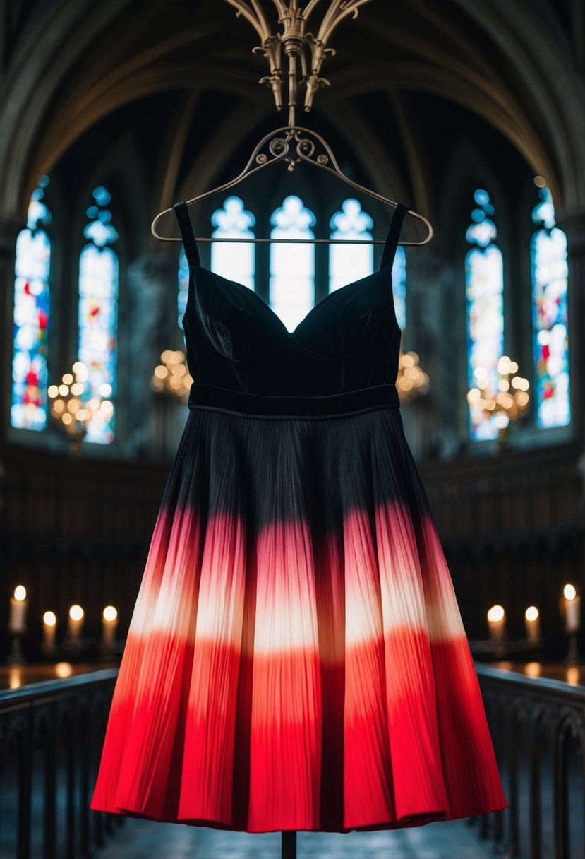 A red and black ombre skirt dress hangs from a wrought iron hanger in a dimly lit, ornate gothic cathedral