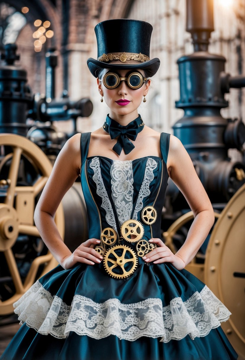 A steampunk-inspired wedding dress adorned with gears and lace, paired with a top hat and goggles, set against a backdrop of industrial machinery and Victorian architecture