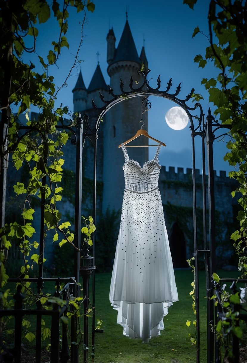 A moonlit garden with overgrown vines, a grand, weathered castle in the background. A crystal-studded gothic dress hangs from a wrought-iron gate