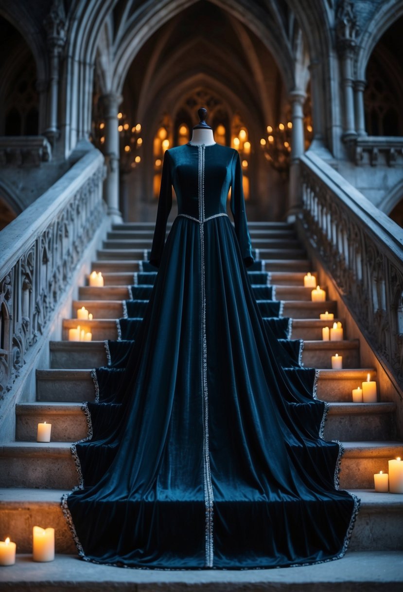 A dark, medieval-inspired long sleeve gown drapes over a stone staircase, surrounded by flickering candlelight and ornate gothic architecture