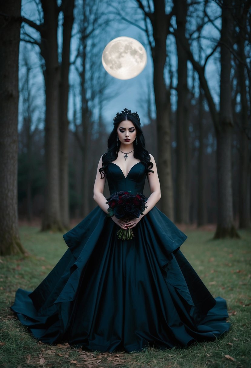 A gothic bride standing in a moonlit forest, her black dress billowing around her as she holds a bouquet of dark roses