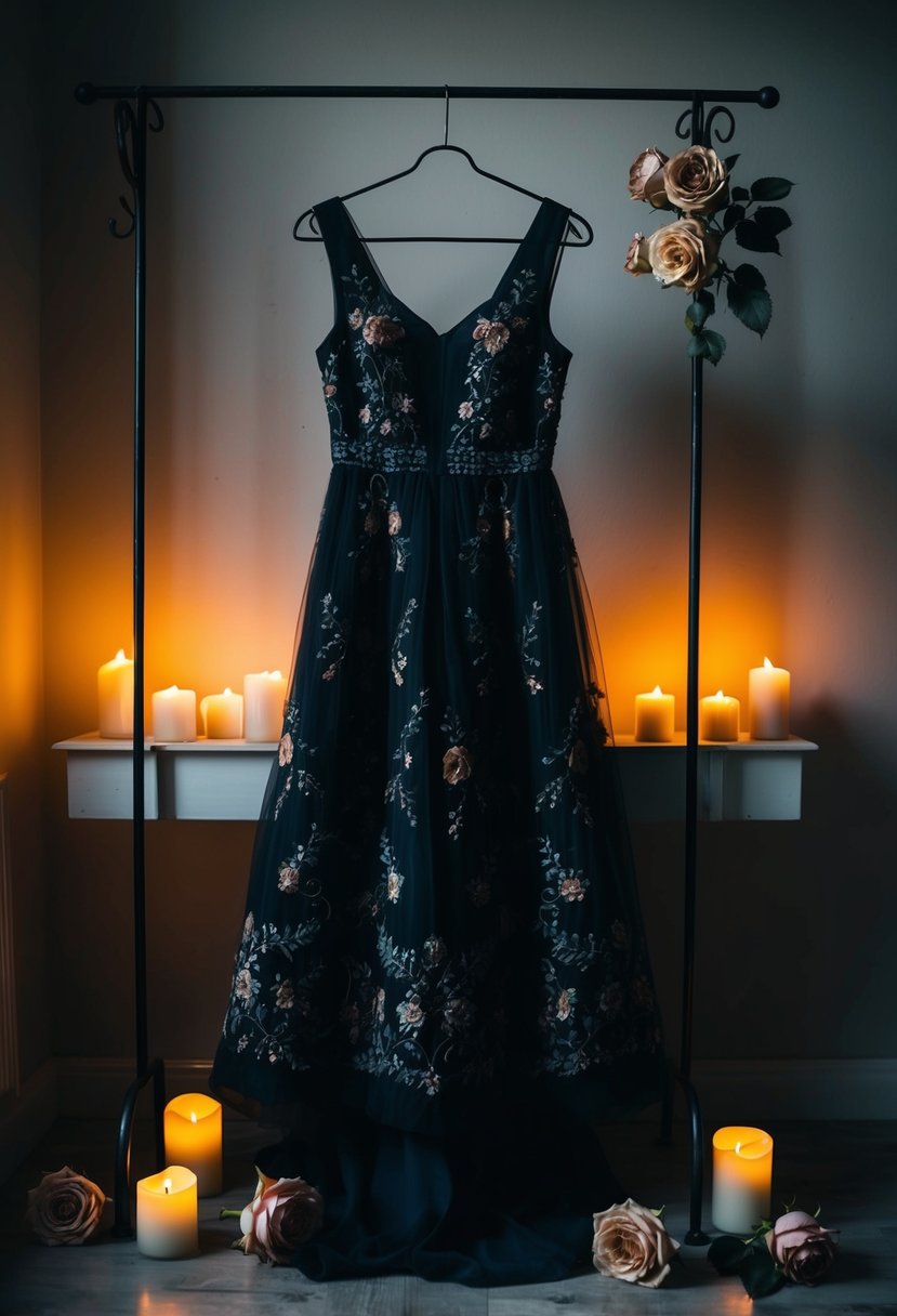 A dark floral embroidered dress hangs from a wrought iron coat rack in a dimly lit room, surrounded by flickering candles and wilted roses