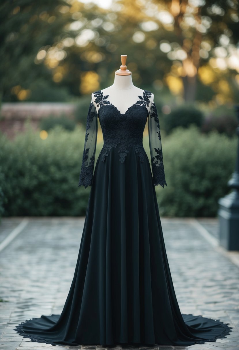 A gothic black wedding dress with lace accents on a mannequin